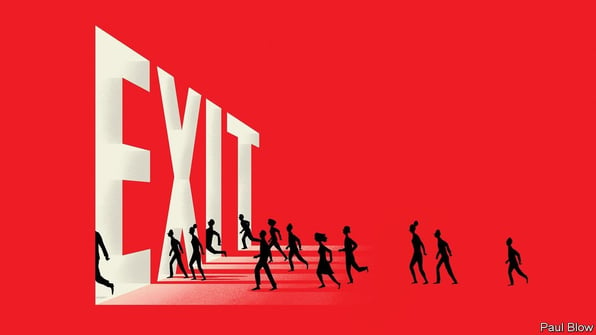 The word EXIT with people running toward the word