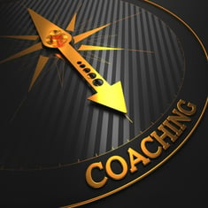 Coaching - Business Background. Golden Compass Needle on a Black Field Pointing to the Word Coaching. 3D Render.