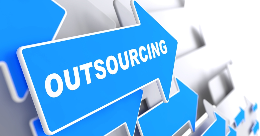 Outsourcing - Business Background. Blue Arrow with "Outsourcing" Slogan on a Grey Background. 